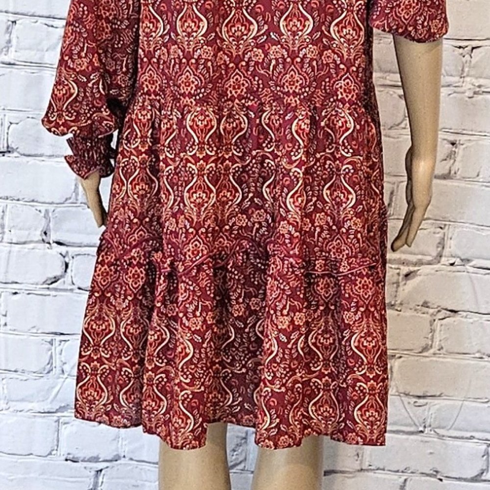 NWT!!! MAX STUDIO, Boho burgundy long sleeve floral pattern dress, size: large - Picture 12 of 15